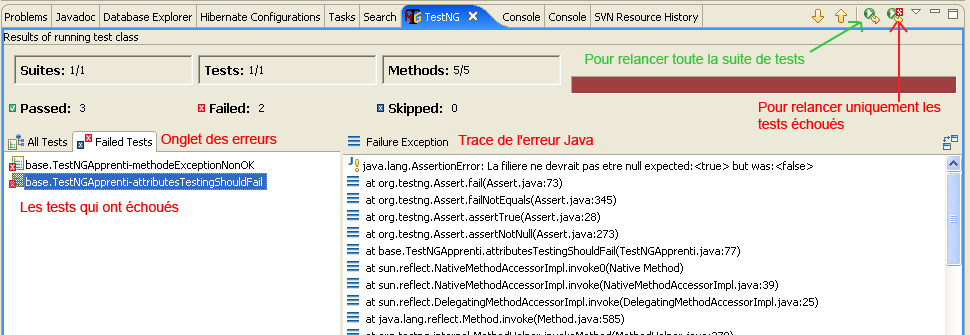 La vue Eclipse de reporting avec tests chous