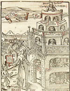 Nicostrata introducing
 a student to the tower of learning, from: Gregor Reisch. Margarita 
philosophica. Freiburg: Johann. Schott, 1503. 