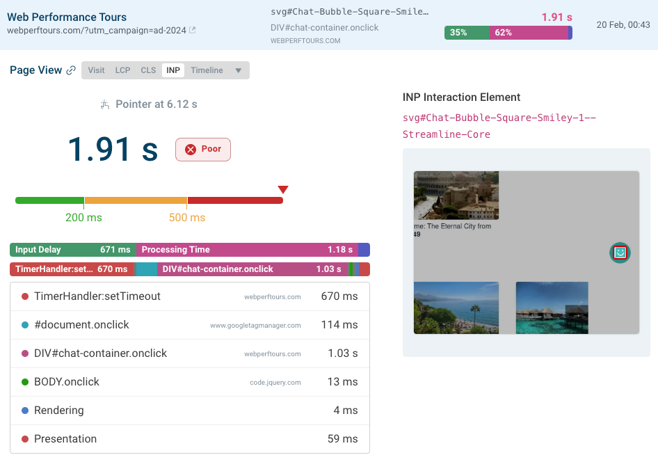 Screenshot showing performance data for an INP interaction, with INP score and LoAF scripts on the left and the CSS selector and screenshot of the INP element on the right.