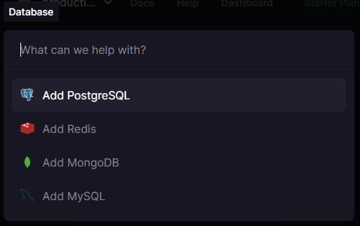 Railway project - select Postgres as new service